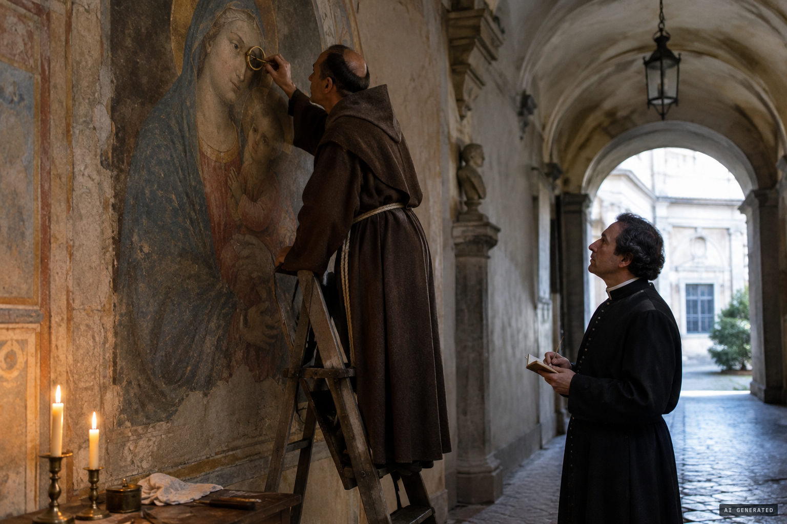 Fra Goani measures the 'portion of white' of the eye with a compass