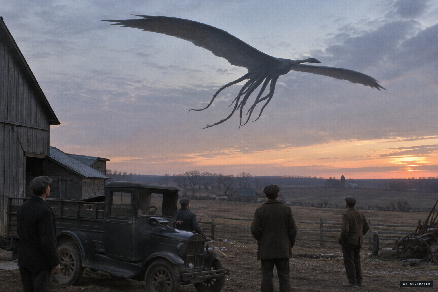 Residents of three counties report a winged beast with a 30-foot spread and reaching tentacles