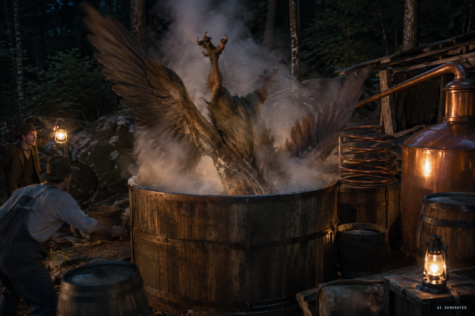 Drawn by the fumes, the Snallygaster falls into a 2,500-gallon moonshine vat and drowns