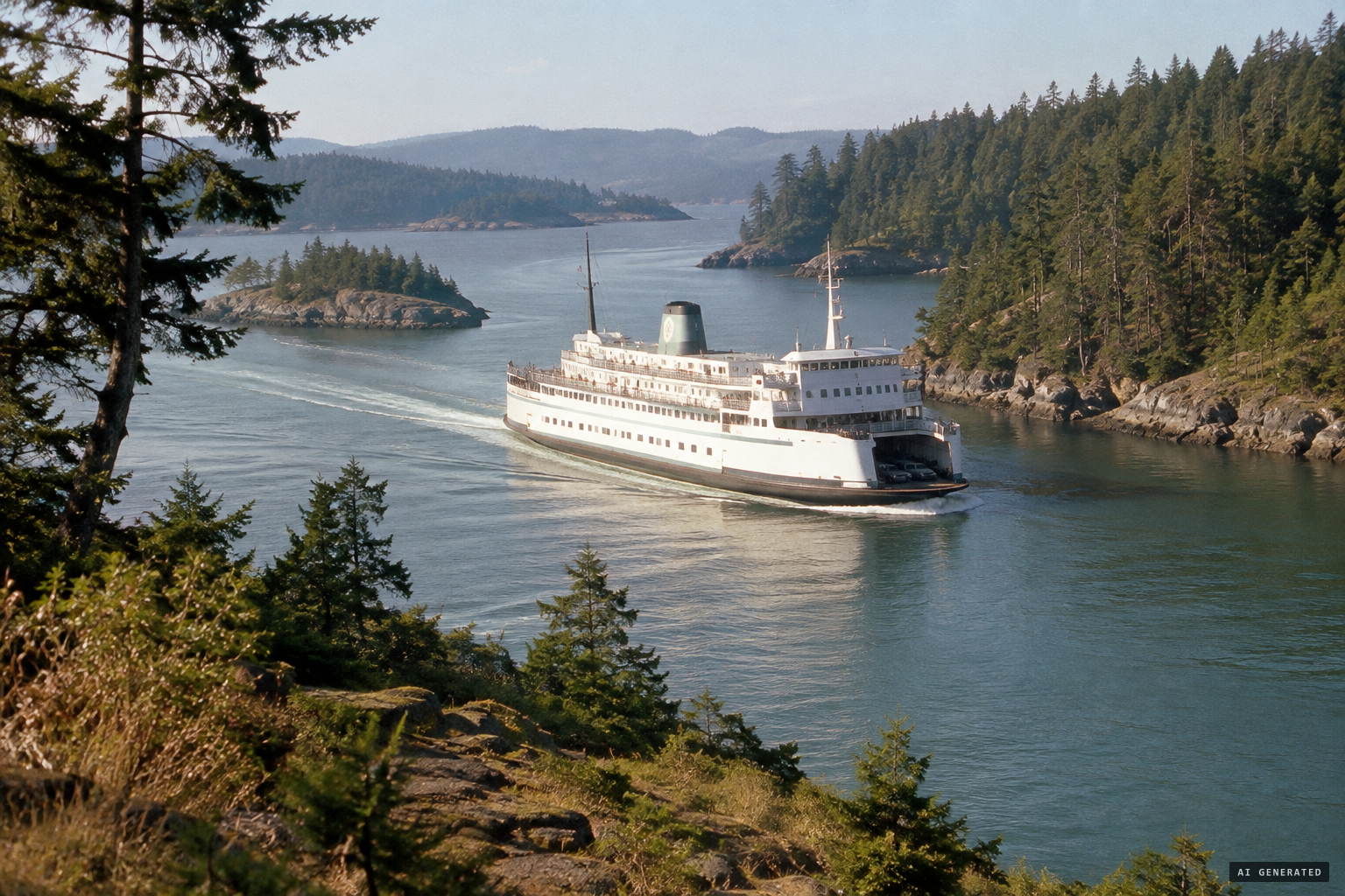 A BC ferry threading narrow Active Pass on the Swartz Bay–Tsawwassen run