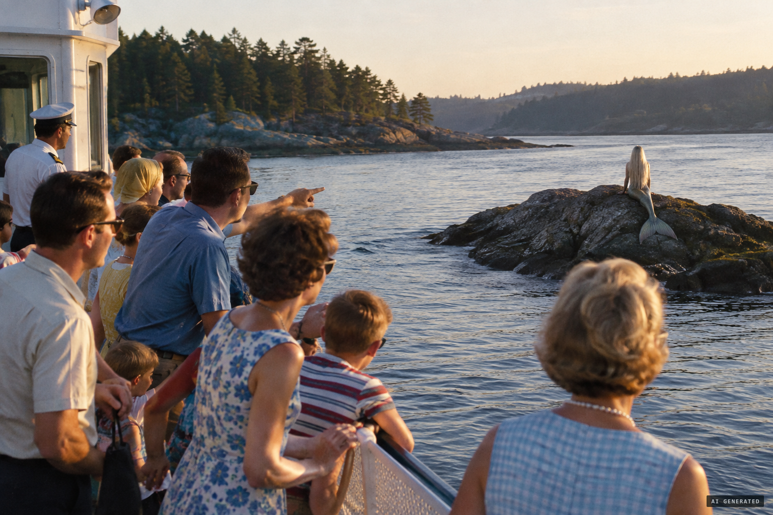 Ferry passengers spot a long-haired blonde with a fish's tail on the rock
