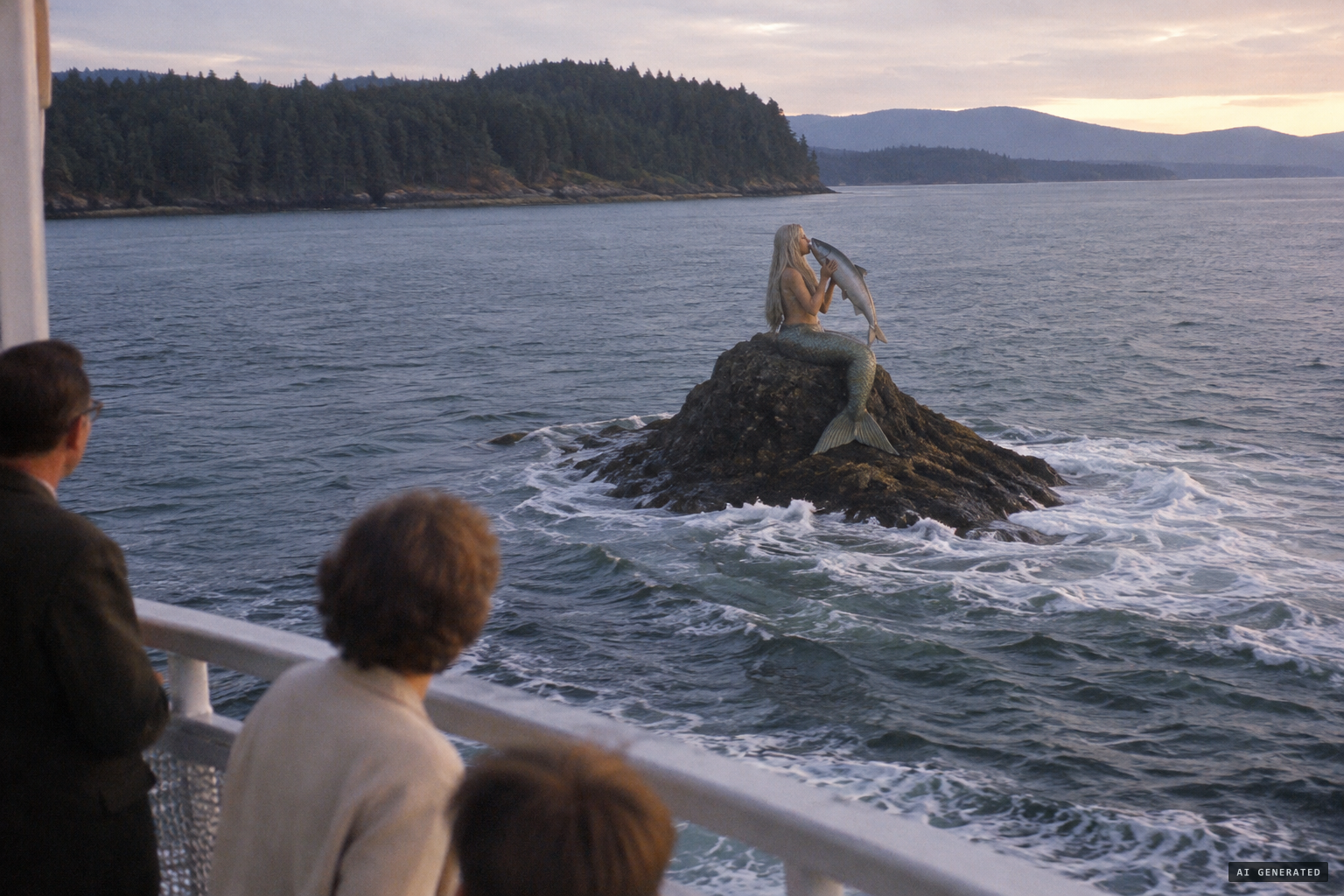 The mermaid with her salmon as the ferry wake washes over her