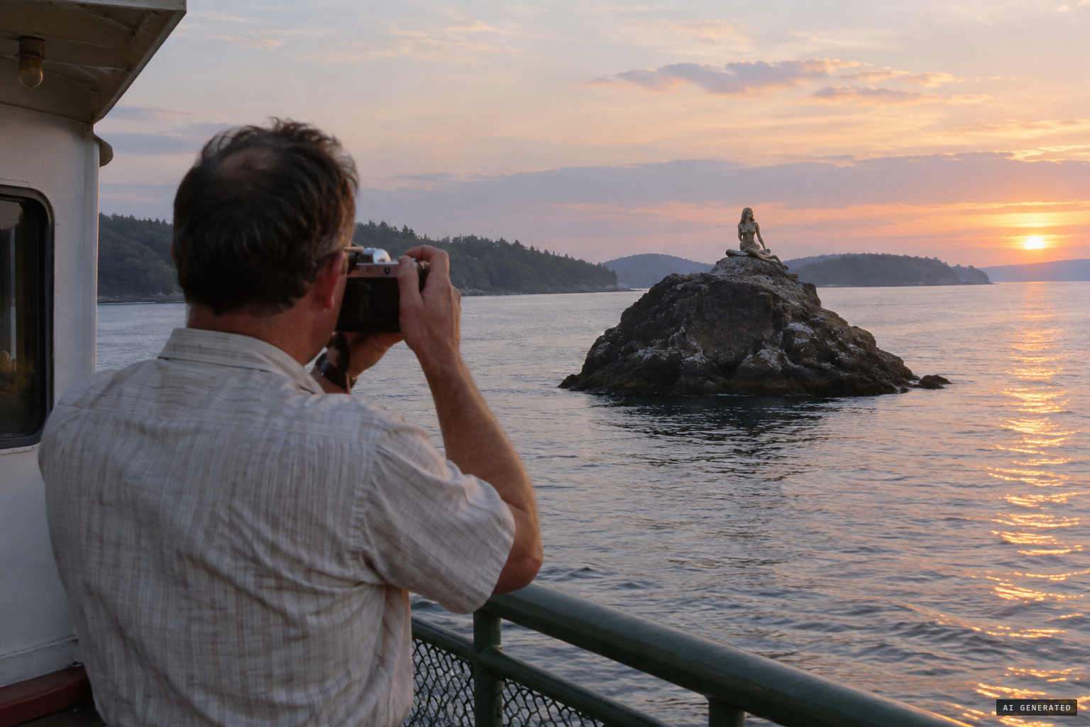 Tourist George Harrison photographs the mermaid from the ferry
