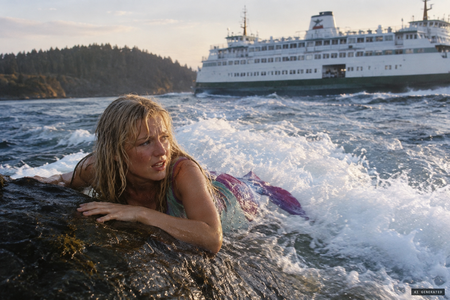 The ferry backwash nearly pulls her into the water
