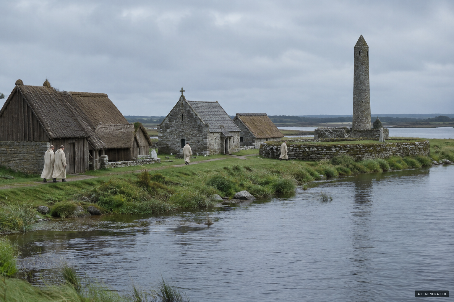 The monastery of Clonmacnoise on the River Shannon