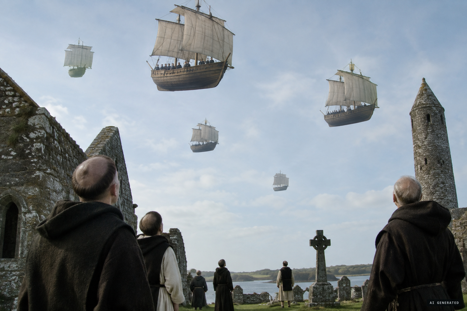 Ships with their crews seen in the air above Cluain Moccu Nóis