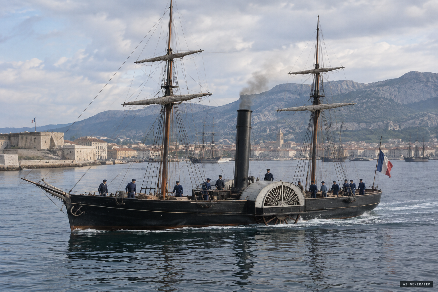 The French Navy paddle steamer Alecton sets out from Toulon for Cayenne in 1861
