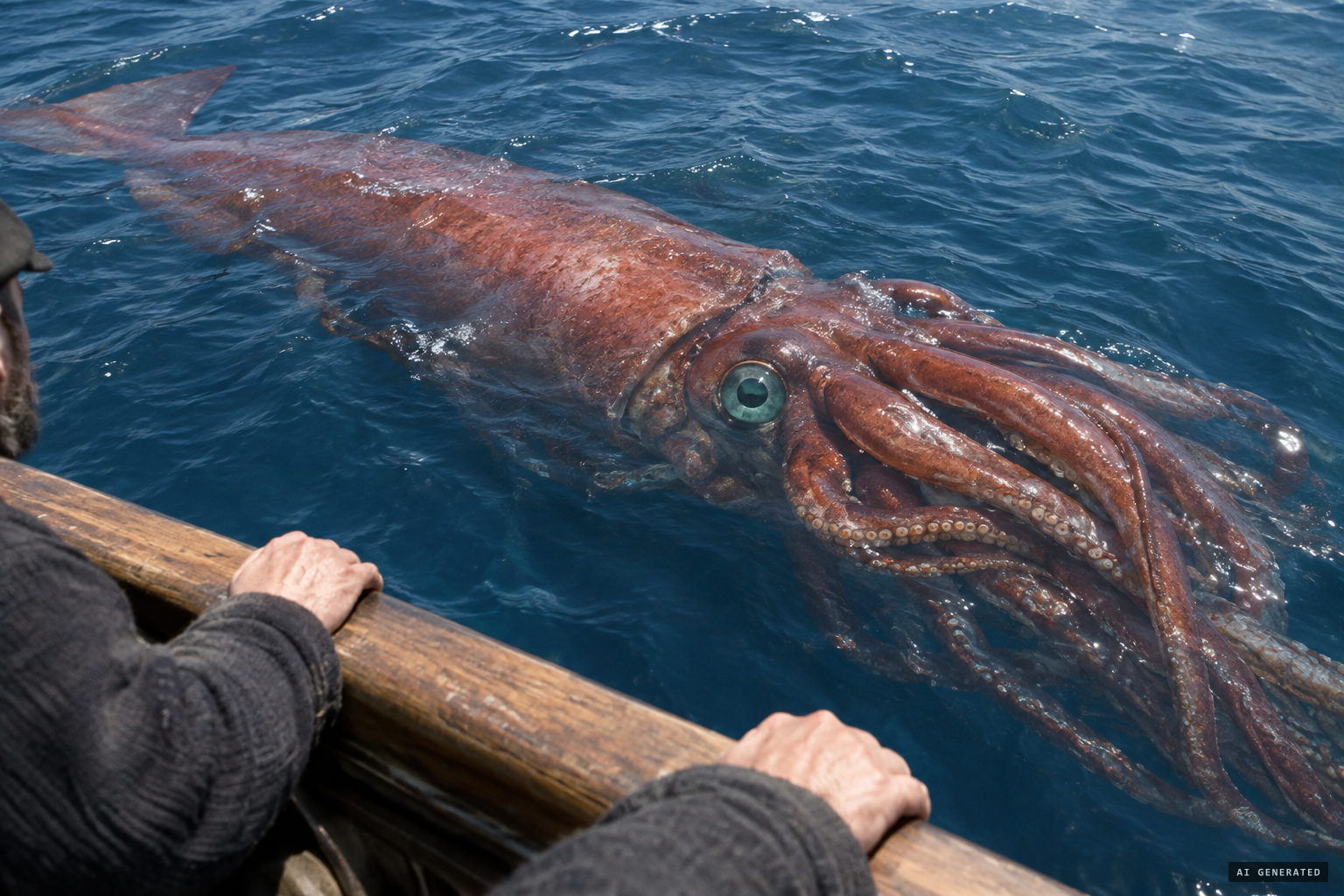 A gigantic brownish-red squid with plate-sized sea-green eyes floats at the surface