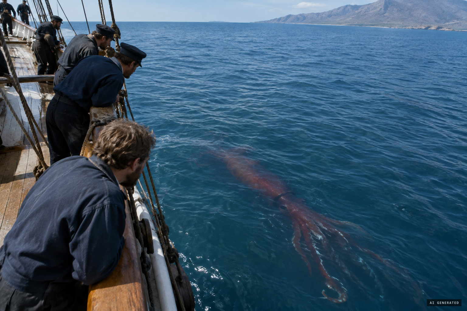 The squid dives and passes from one side of the ship to the other, avoiding the vessel