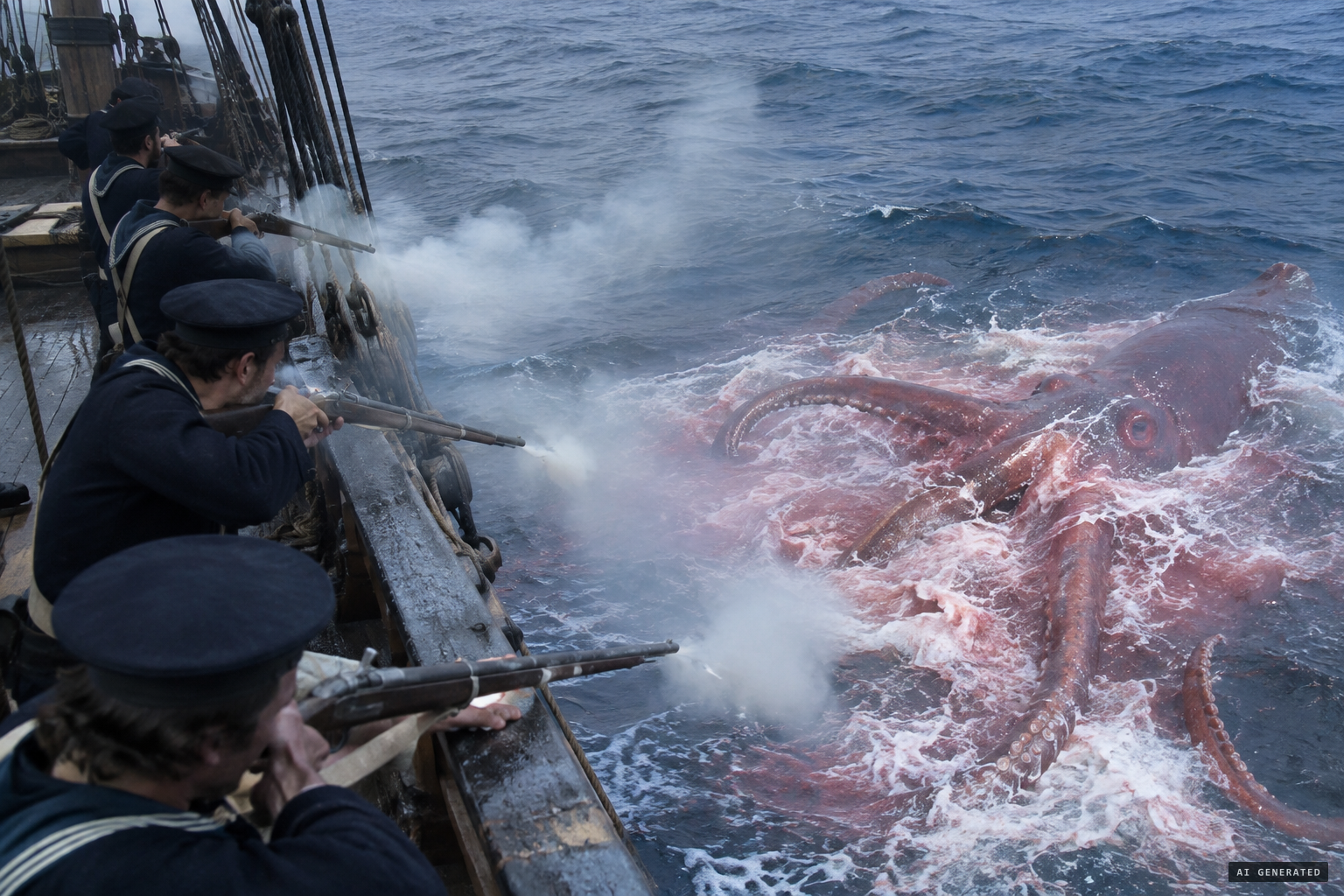 The crew fire on the squid until the waves are covered with foam and blood