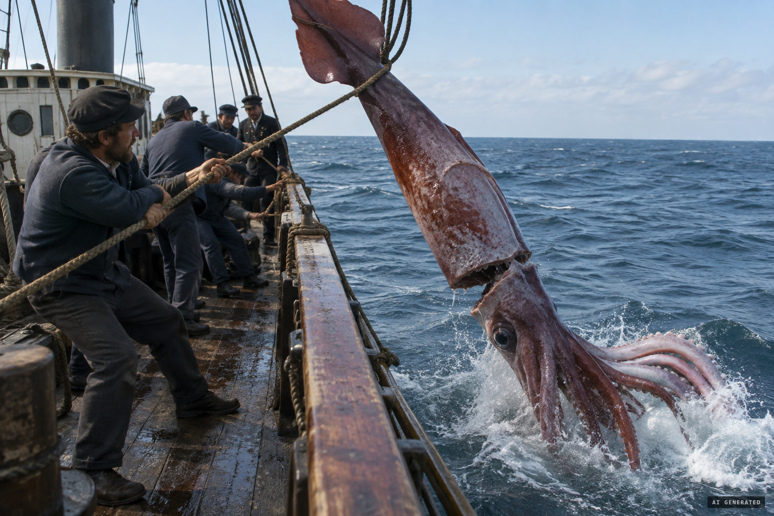 The noose cuts the squid in two, and the head and arms fall into the sea