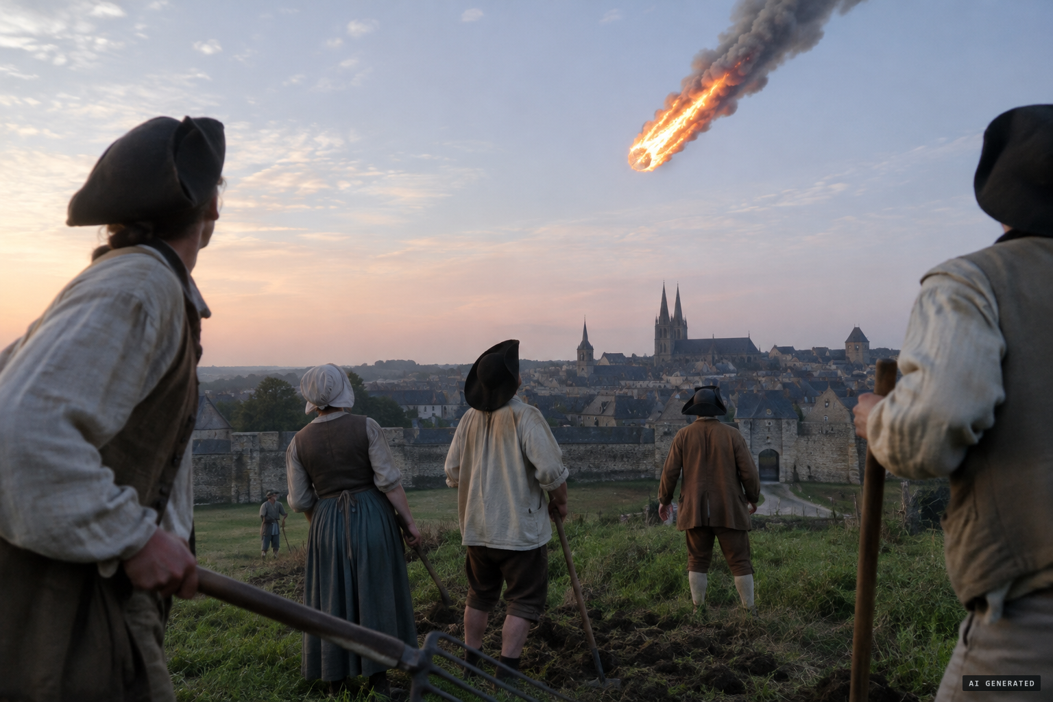 About 5 a.m., farmers near Alençon see a huge flaming ball coming down fast with a whistling sound.
