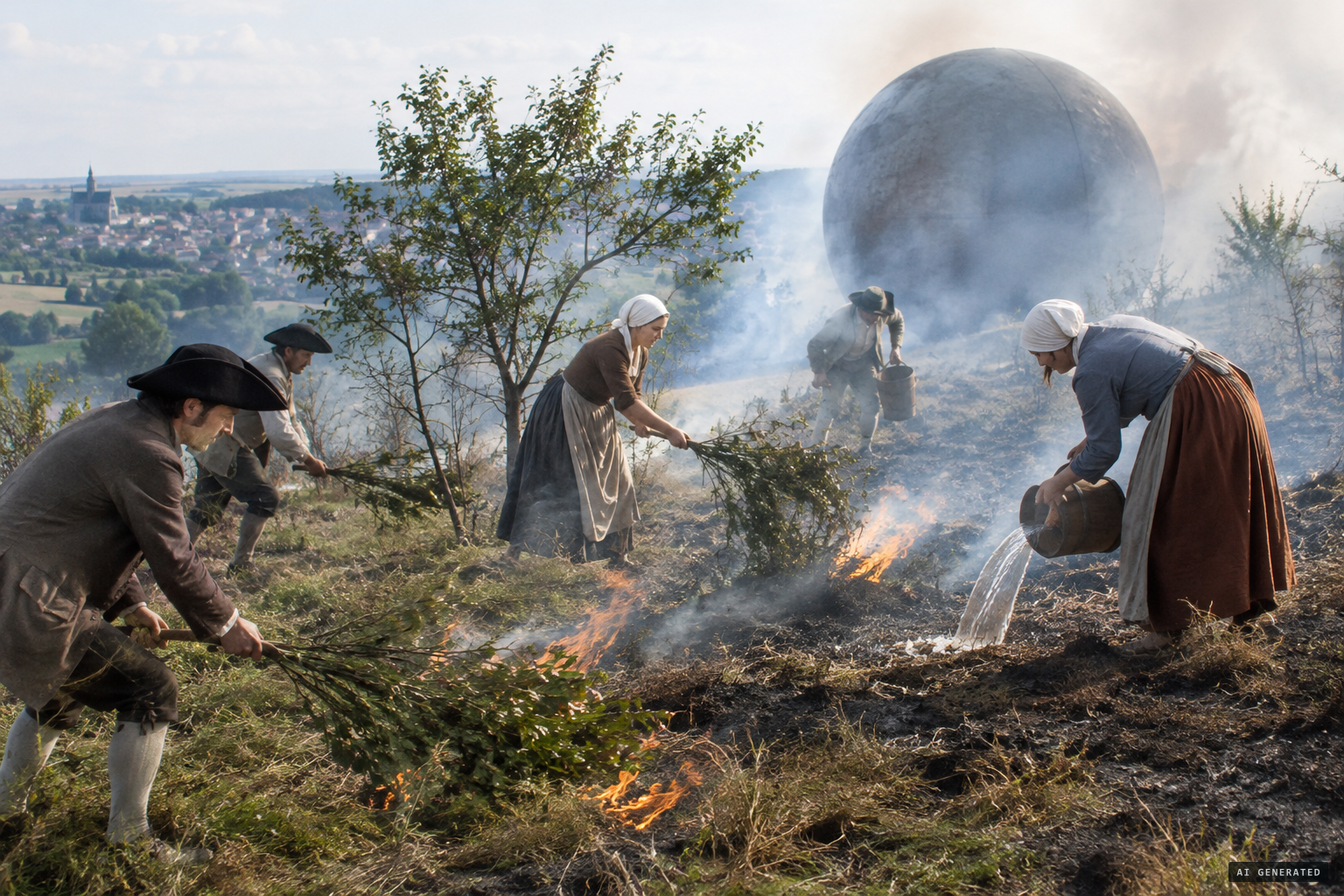 Peasants put out the fire the heat set in the grass and small trees.