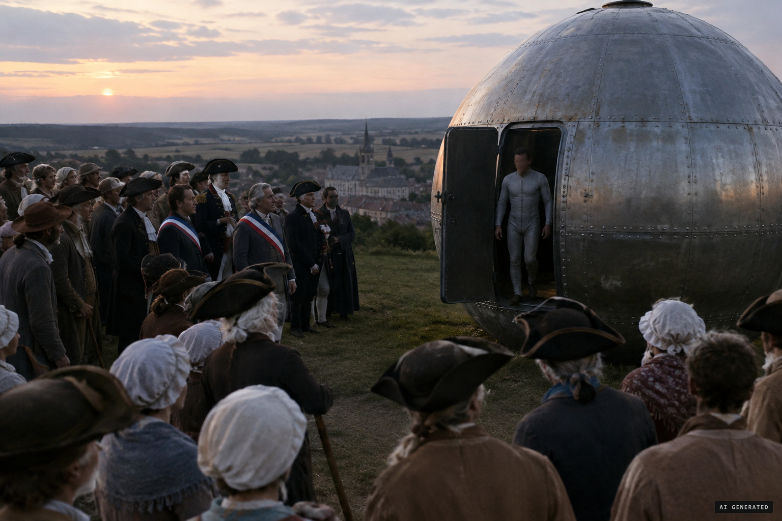 Before officials and peasants, a door opens and a man in a tight-fitting suit comes out.