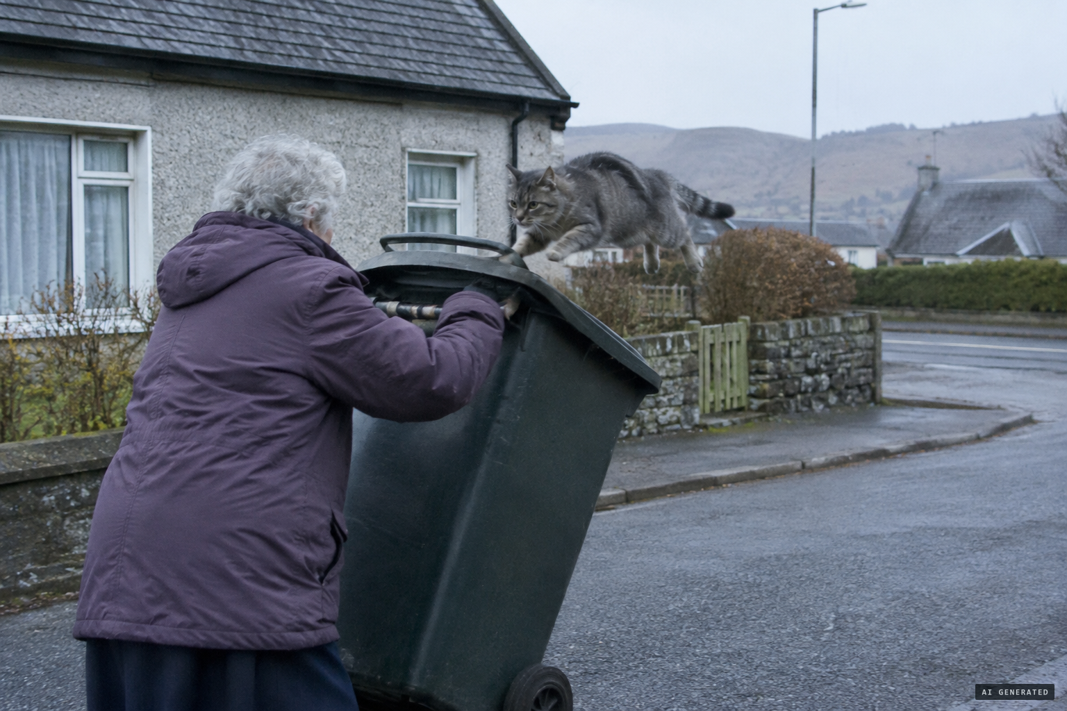 The cat comes over the dustbin Pat MacLeod raised as a shield