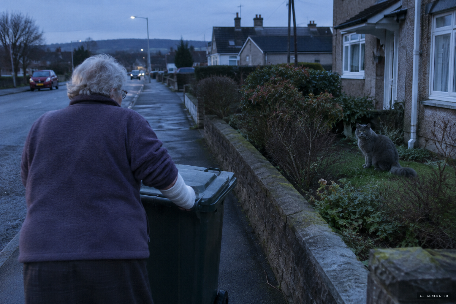 Still in bandages, she puts out her bins and the cat is there again