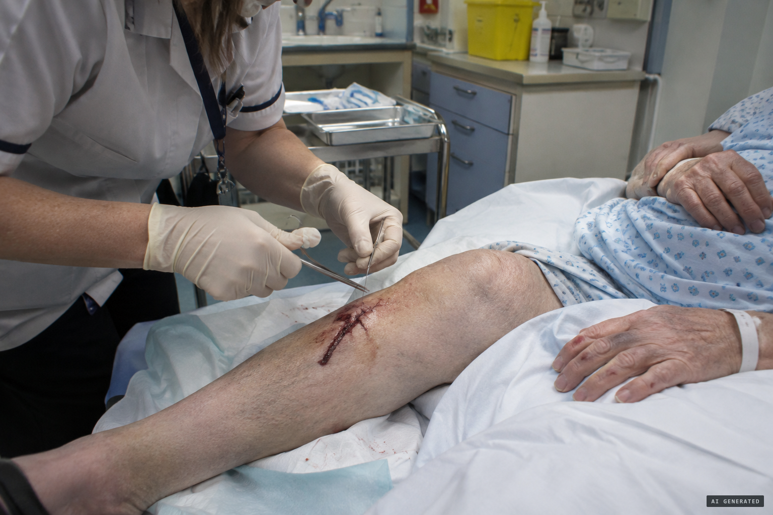 Deep cuts to her legs need stitches in hospital