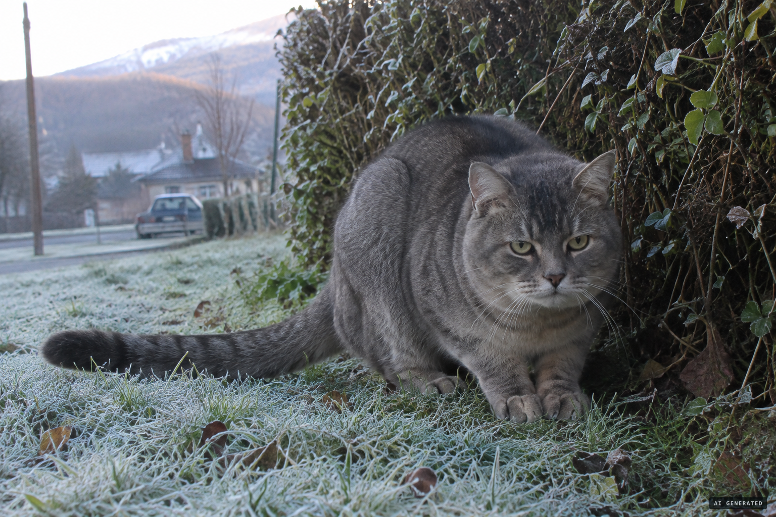 Grey, a dark back stripe, a long tail, large paws and a broad face