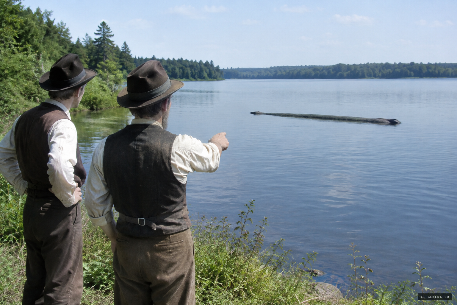 Two men see something like a log twenty feet long in the water