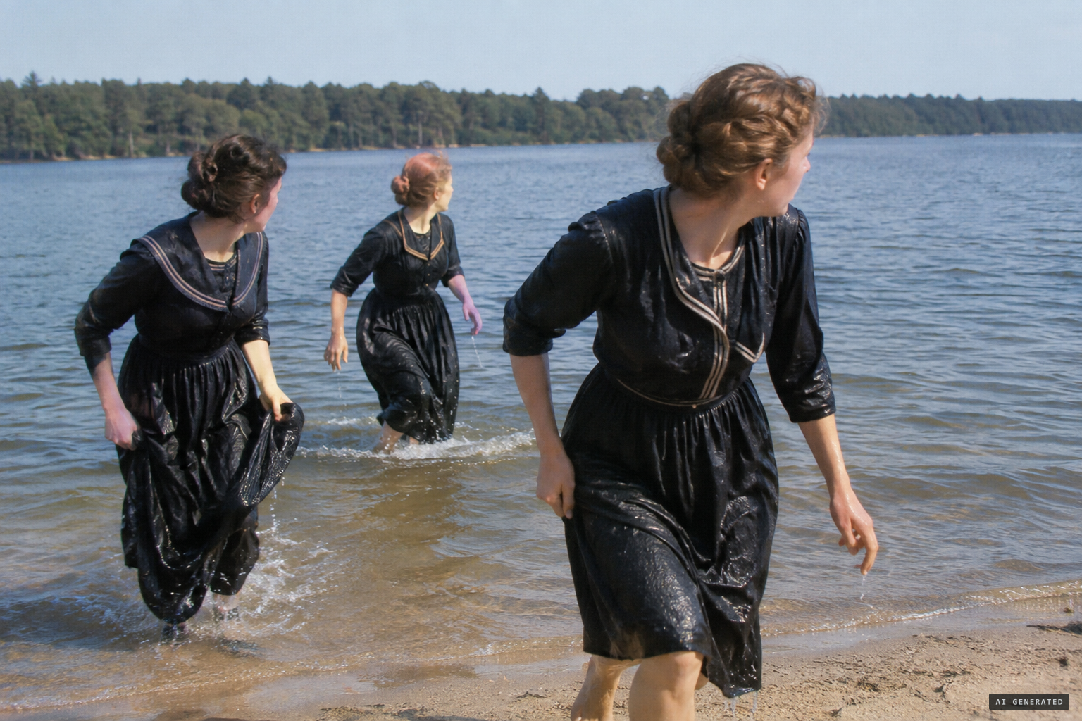 Women bathers are frightened from the water