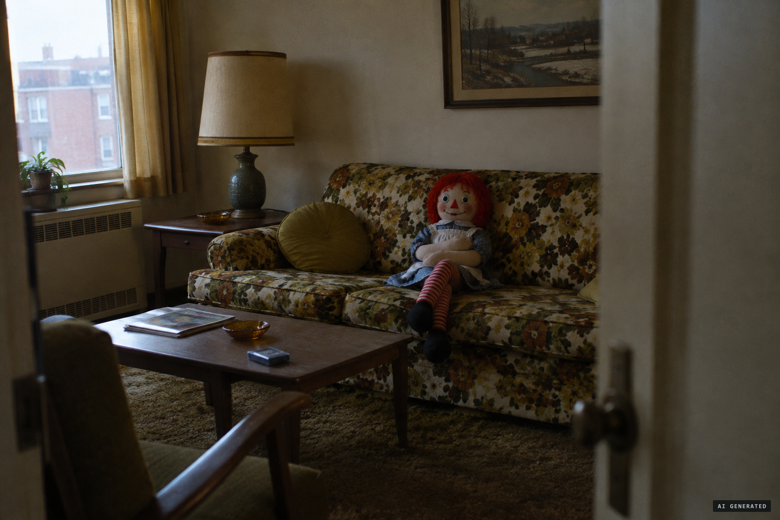 The doll found with legs crossed and arms folded