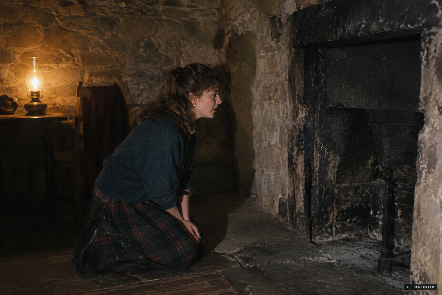 Near the fireplace, Gibo speaks with the girl, who gives her name as Annie