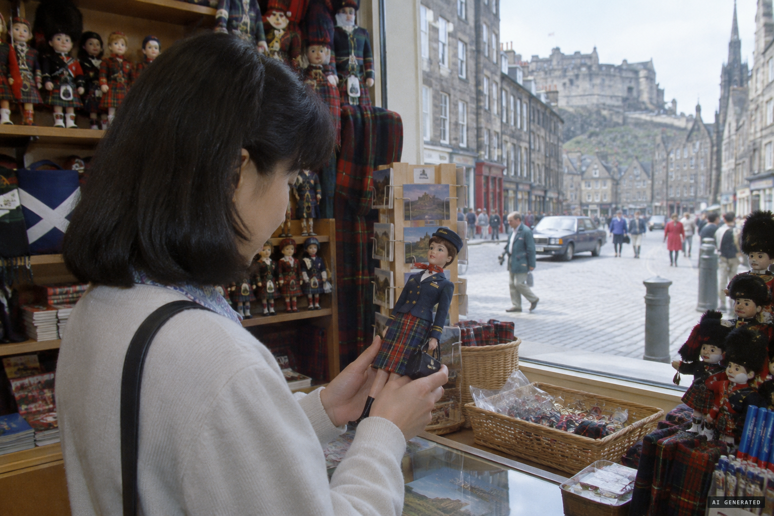Gibo buys a tartan doll on the Royal Mile