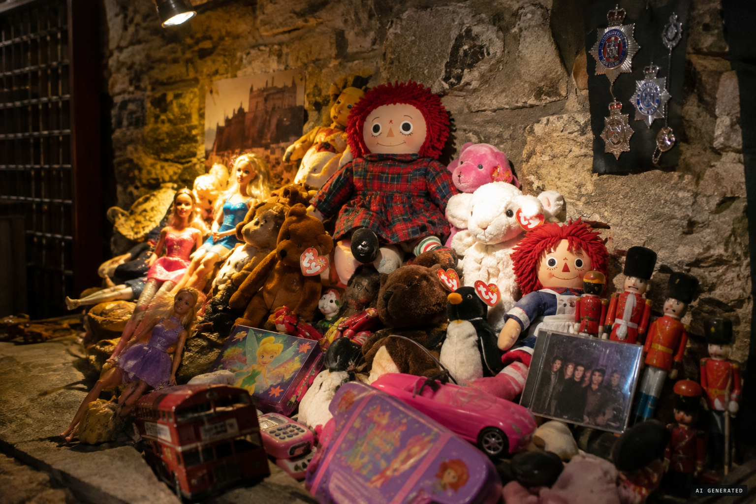 Visitors' gifts for Annie: toys, a CD and badges from police forces