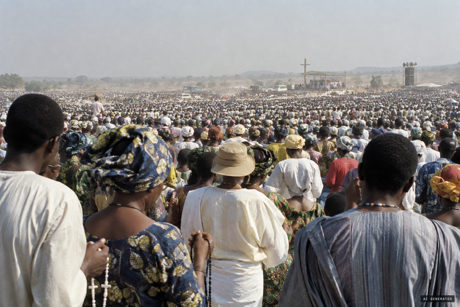 Thousands of pilgrims crowd the fields at Aokpe