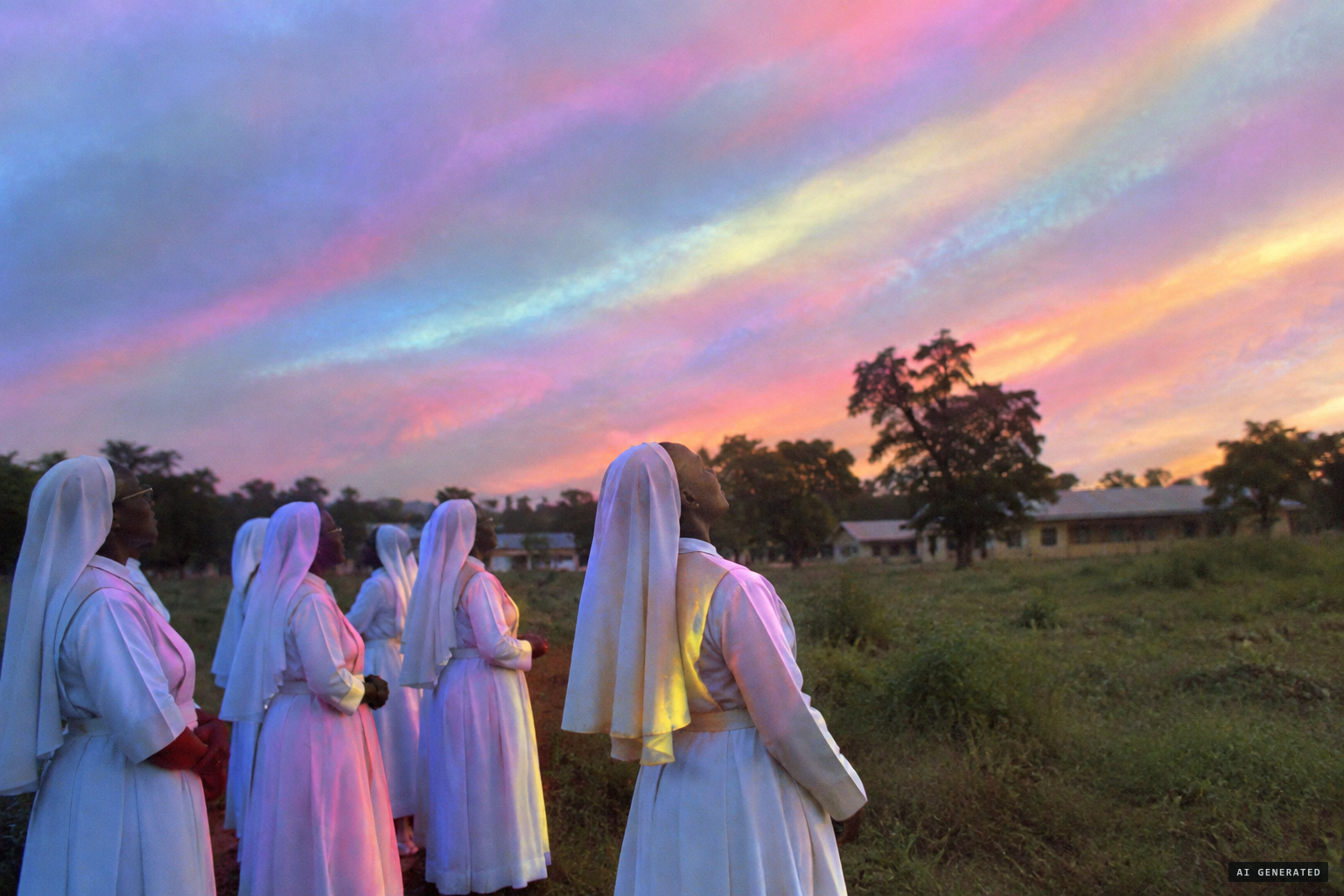 The sky fills with colours, and the sisters' white habits seem to change with it