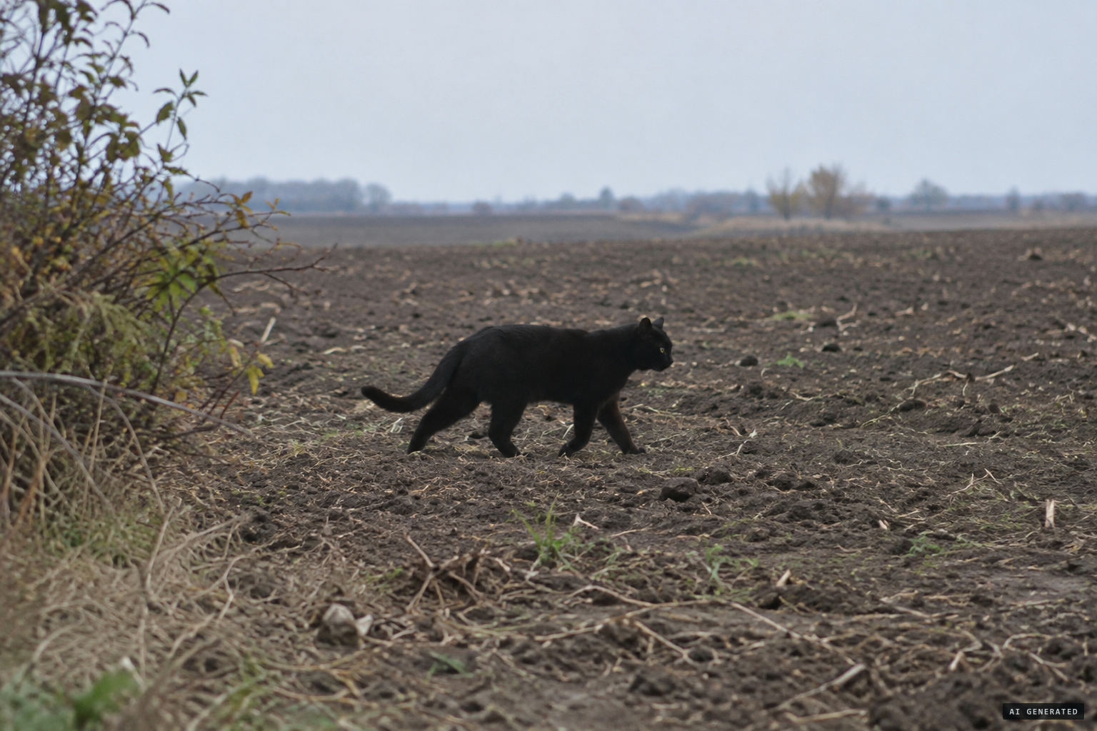 A large black cat with a long tail walks out of the bushes across the field