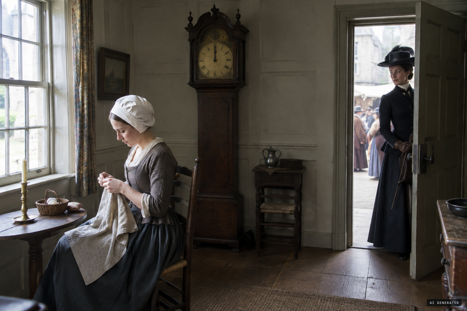At the stroke of noon, Mrs. Veal knocks at the door in a riding-habit