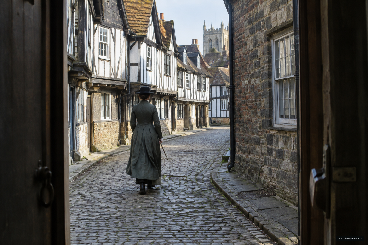 Mrs. Veal walks away until a turning hides her, at a quarter to two