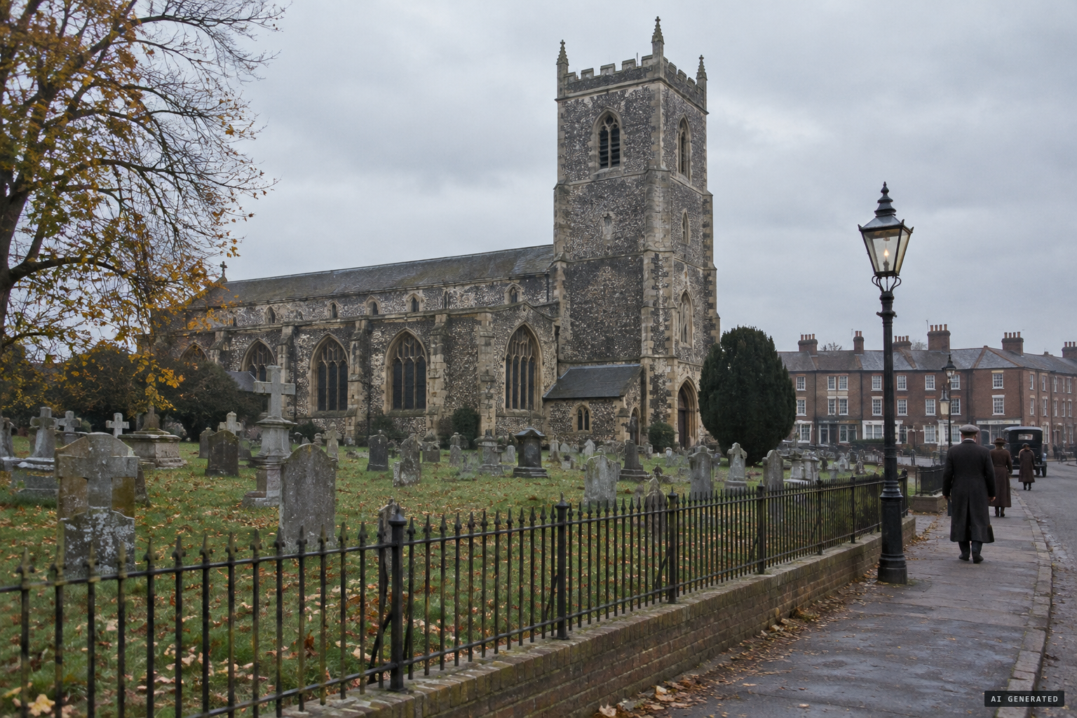 St Nicholas' Church and its railed churchyard in Great Yarmouth