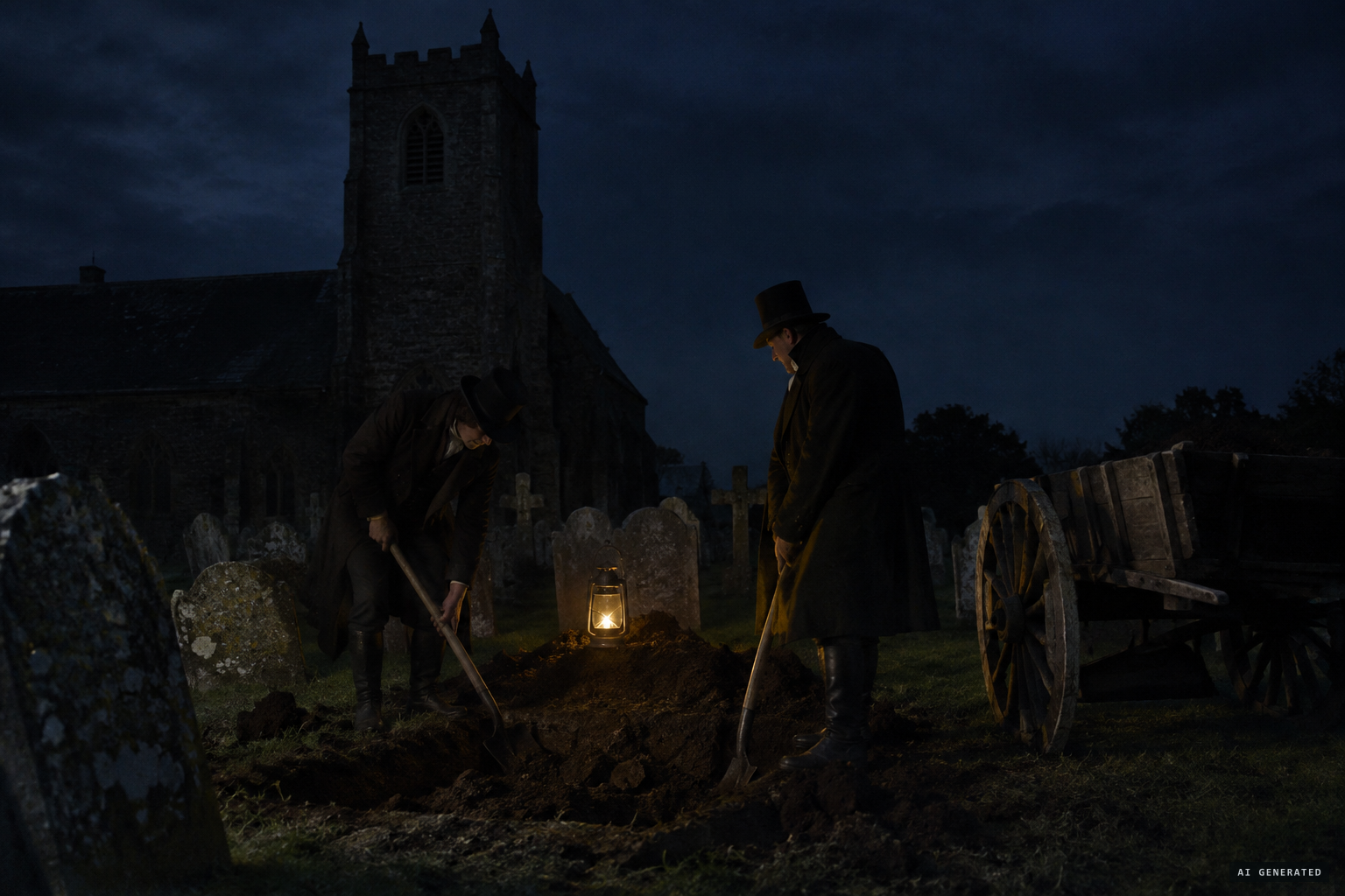 Bodysnatchers taking a body from the churchyard in 1827