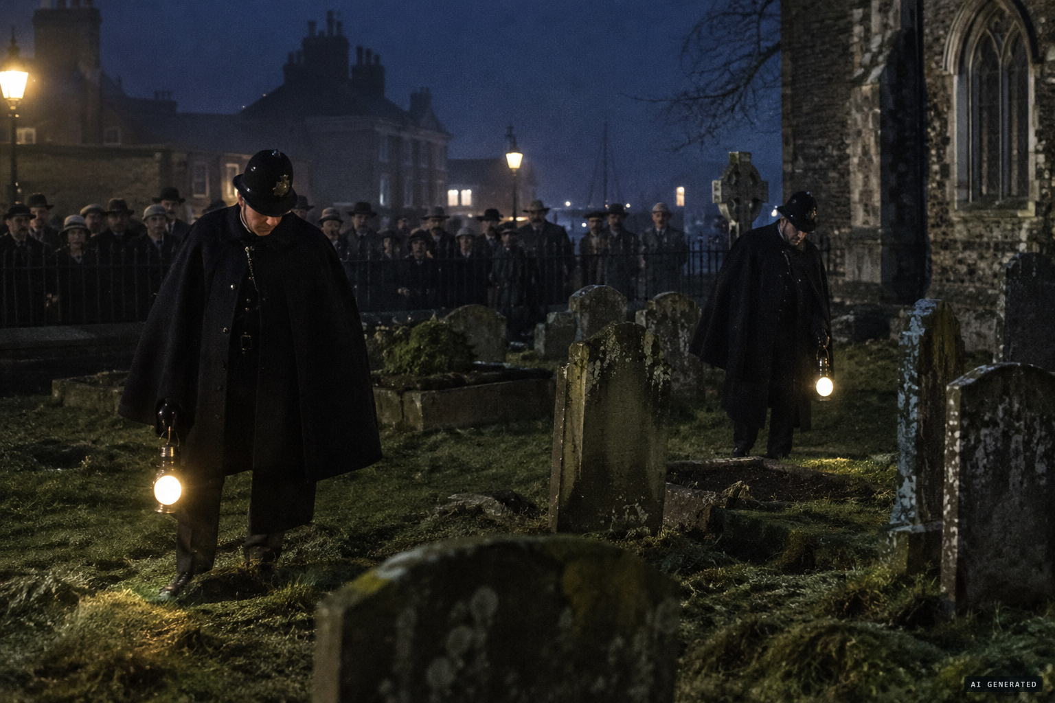 Policemen search the churchyard for the ghost