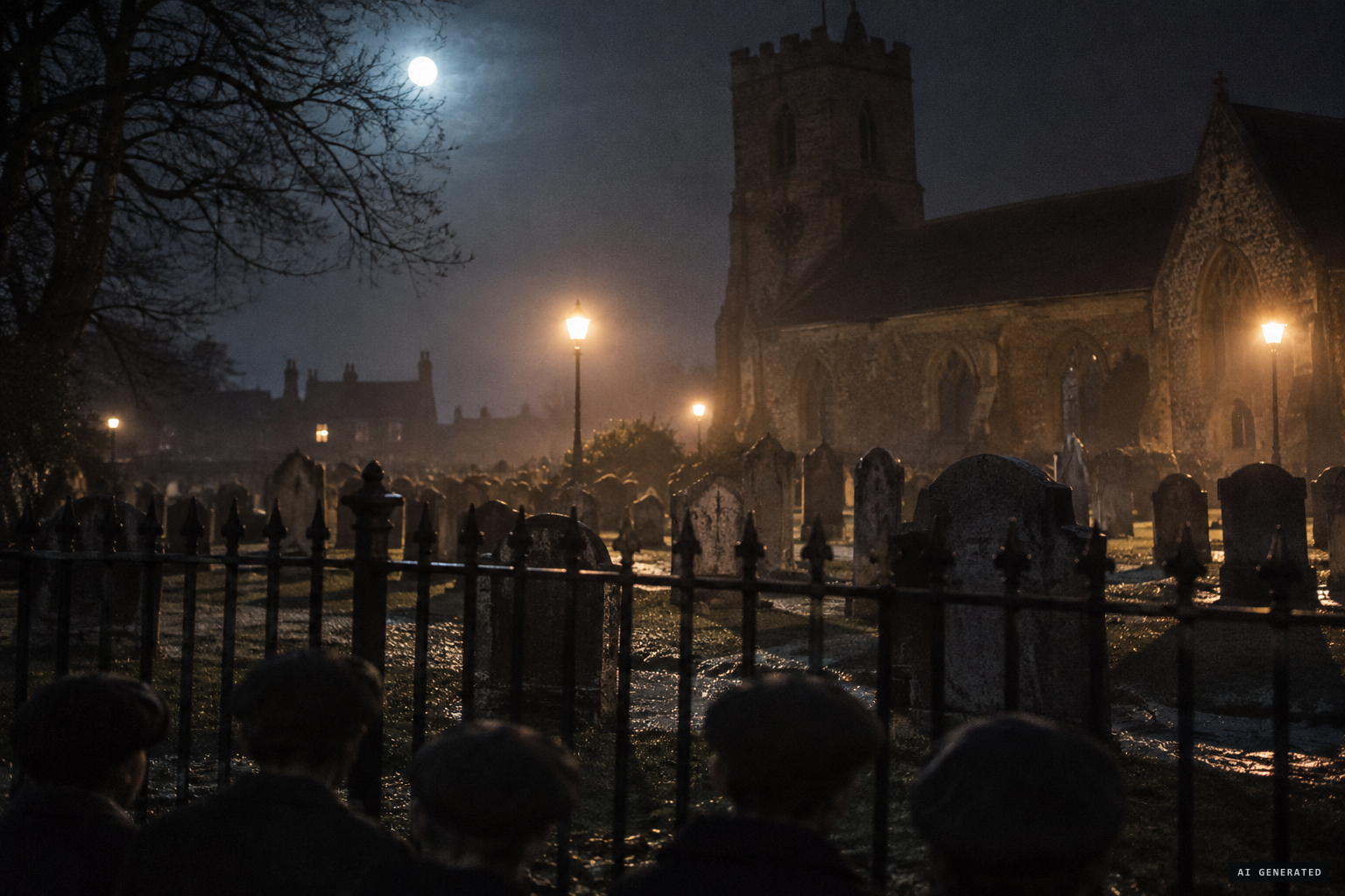 Moonlight and electric light playing between the grey gravestones
