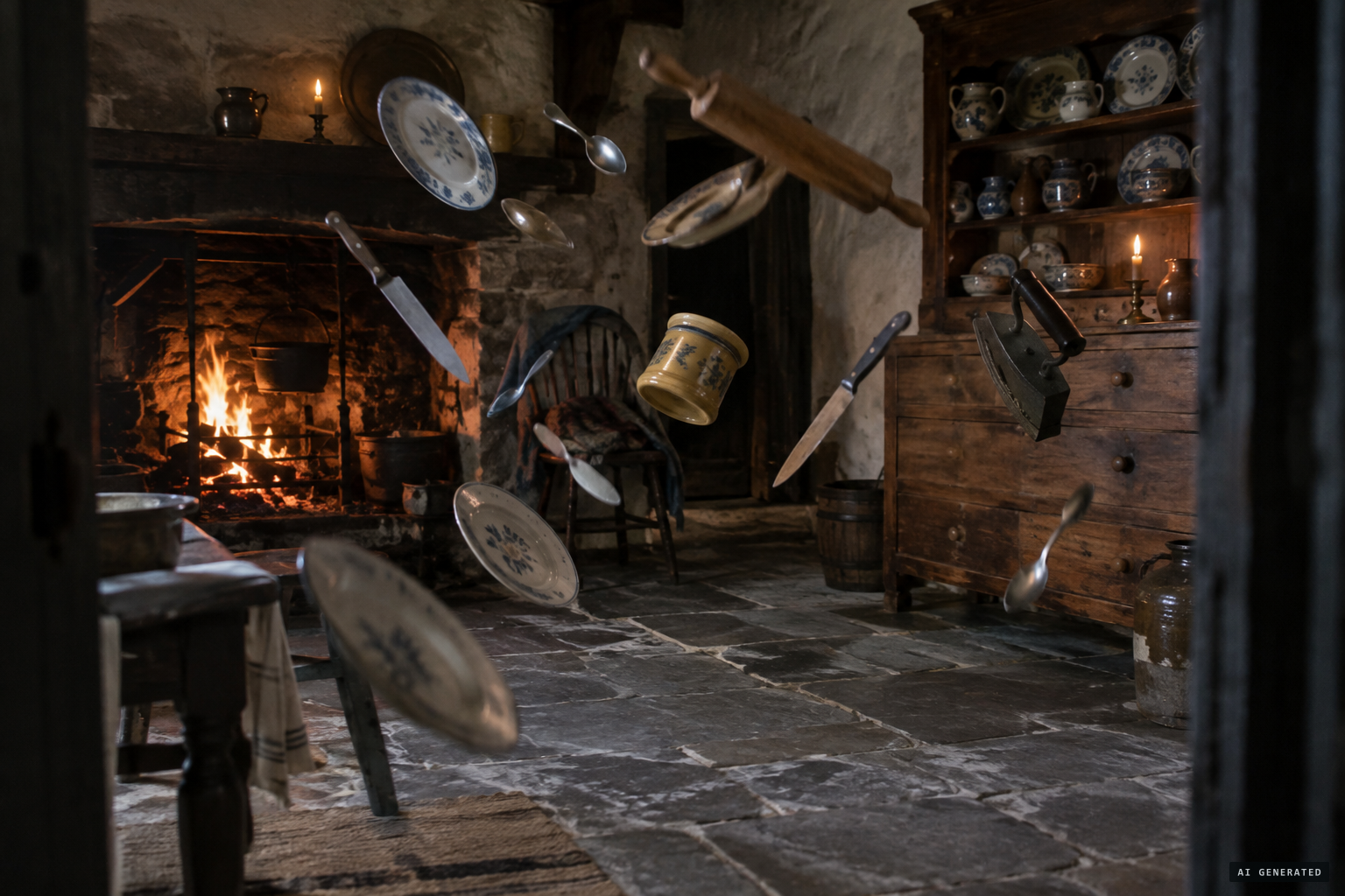 Spoons, knives, plates and flat-irons whirled from room to room