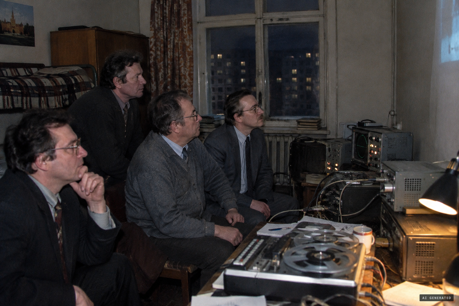 Scientists sit in with instruments to register knocks