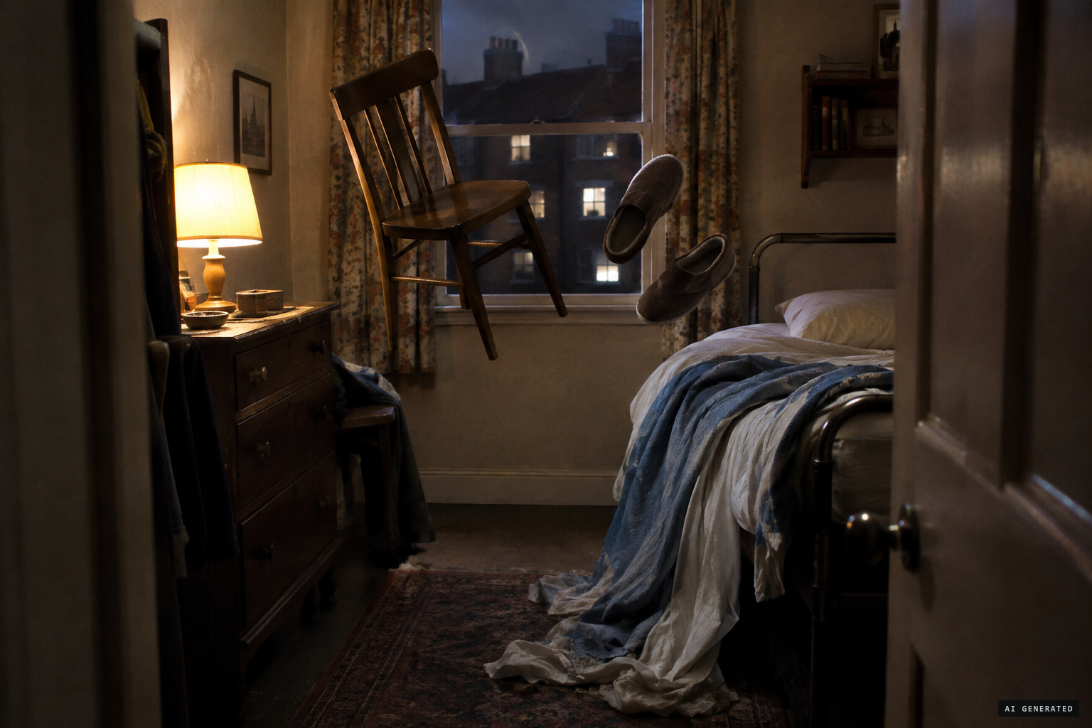 Chairs and slippers thrown, bedclothes pulled from the beds