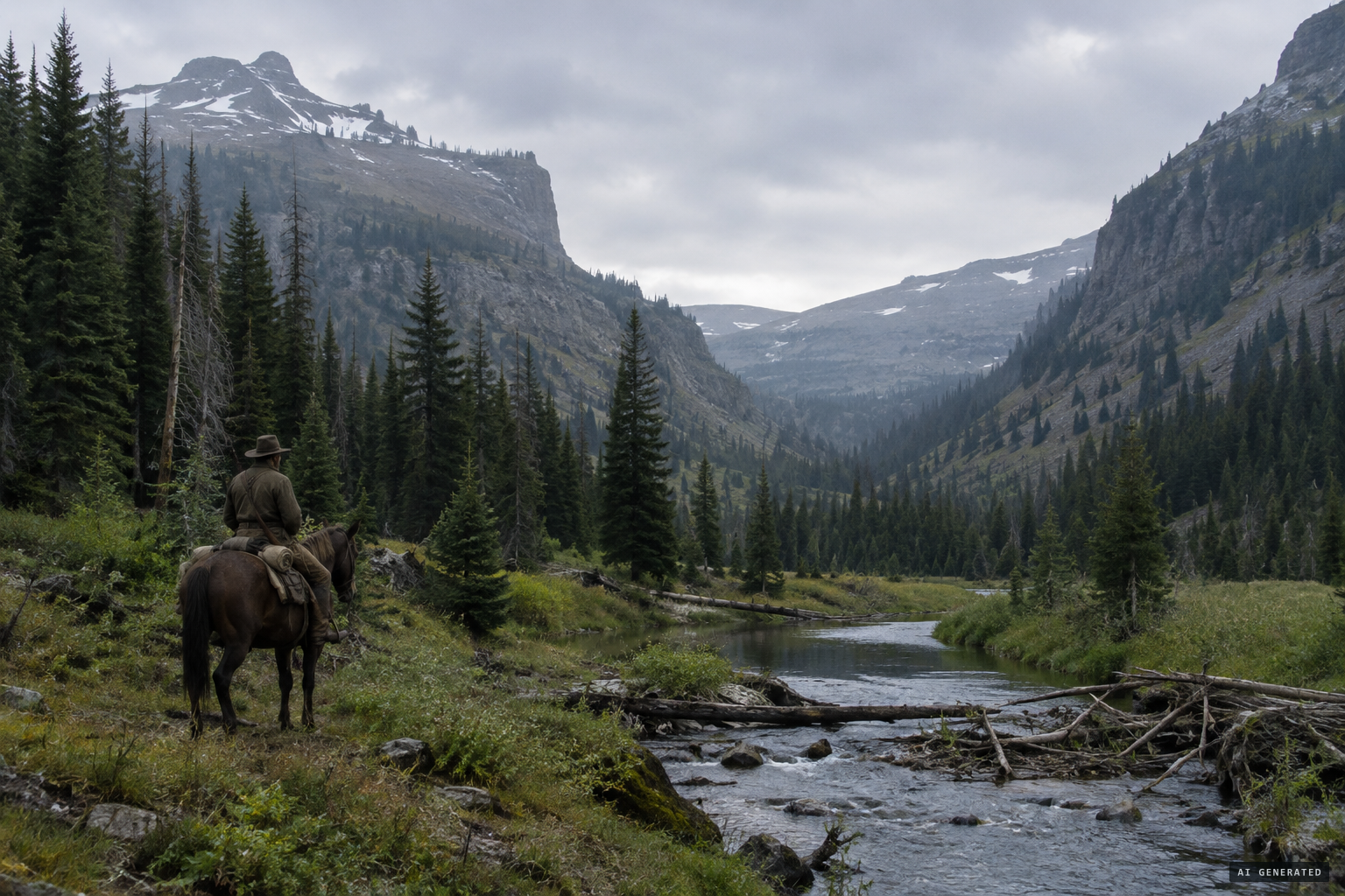 The lonely pass between the Salmon forks and the Wisdom River, with its beaver stream.