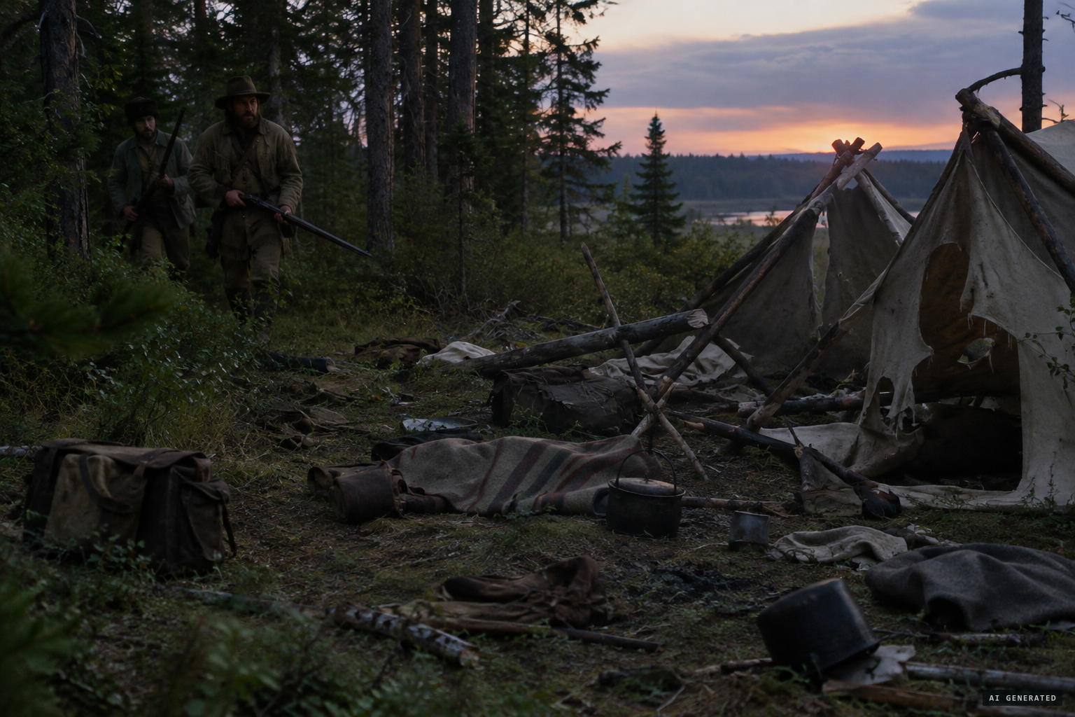 Back at dusk, the trappers find their lean-to torn up and gear scattered.