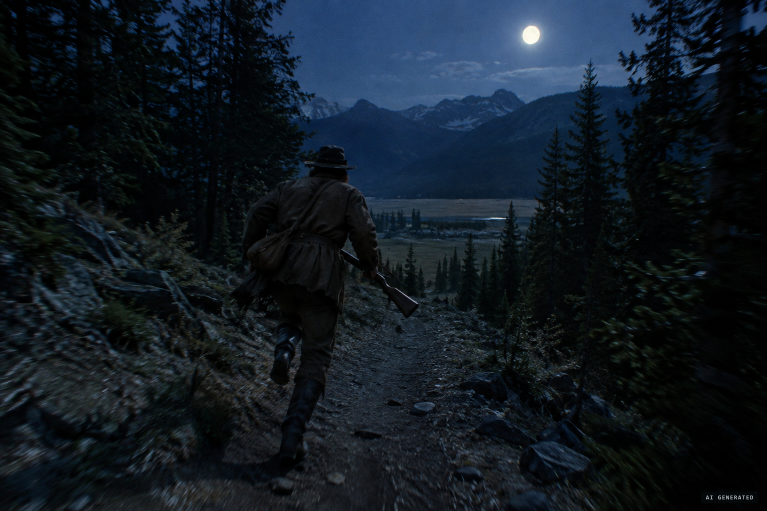 Leaving everything but his rifle, Bauman flees through the night to the ponies.