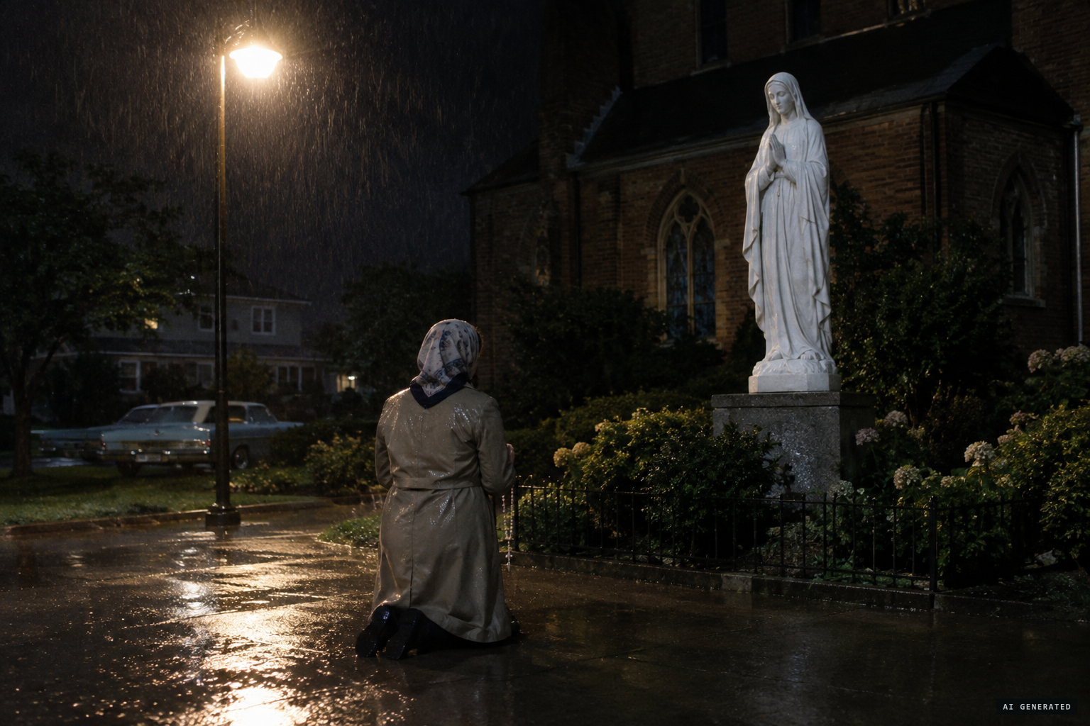 18 June 1970: Lueken kneels alone in the rain before the statue