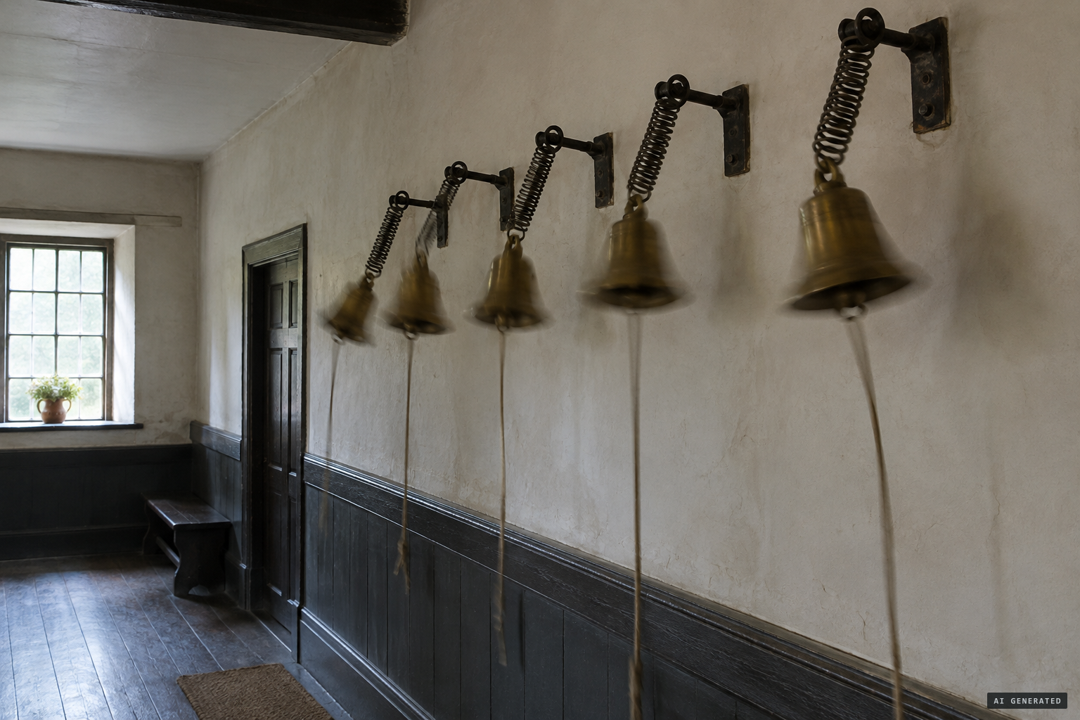 Five bells ring violently with no one pulling them