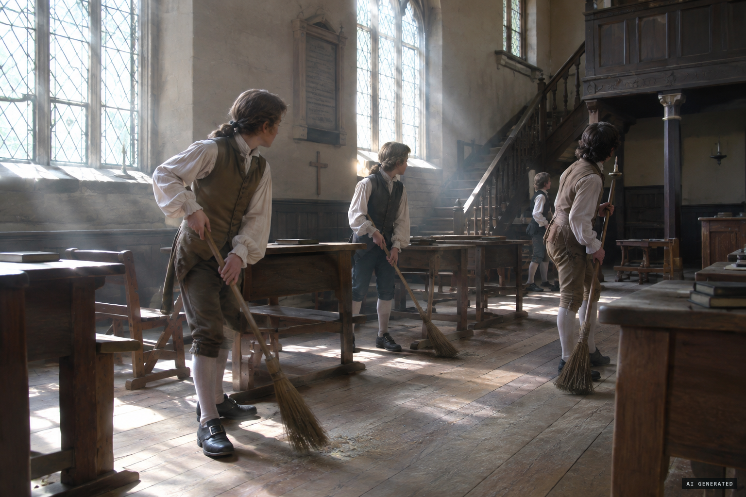 The boys left to sweep hear a jingling noise like a bell