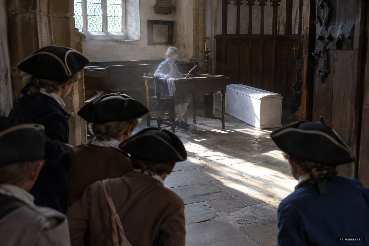 John Daniel sits at his old writing desk beside the coffin