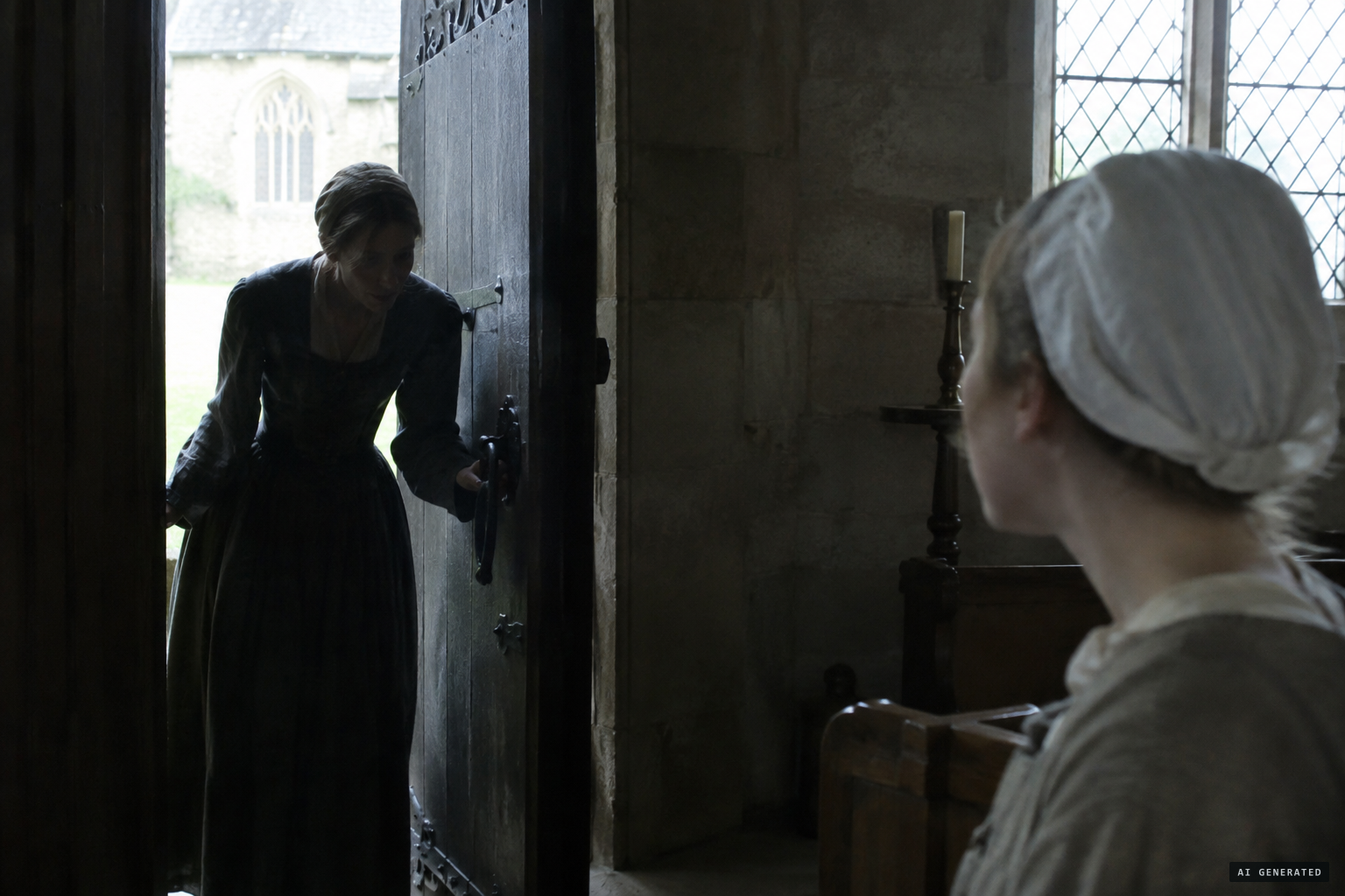 A woman in a dark gown looks in at the school door