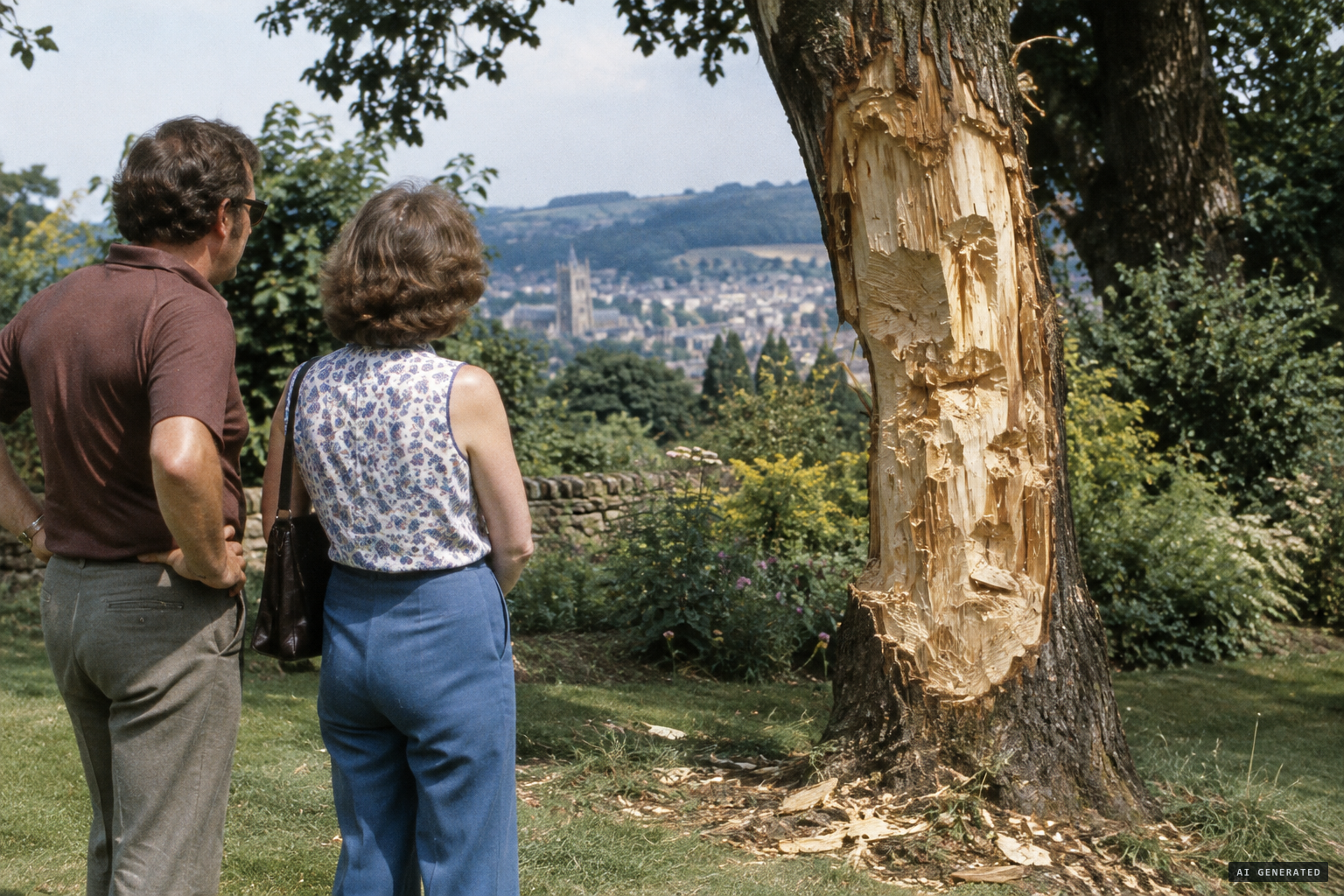 The Harpers' old oak, stripped of bark and scored with gouge marks