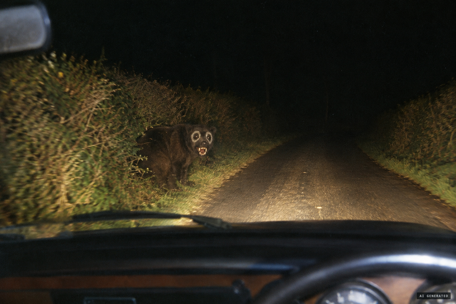 A night motorist sees a bear-like animal with white rings around its eyes